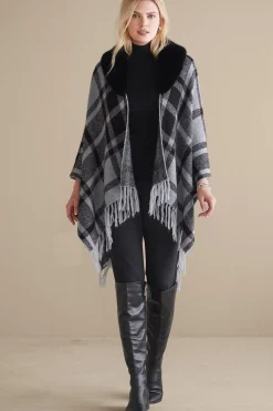Demetria Plaid Poncho with Fur Collar